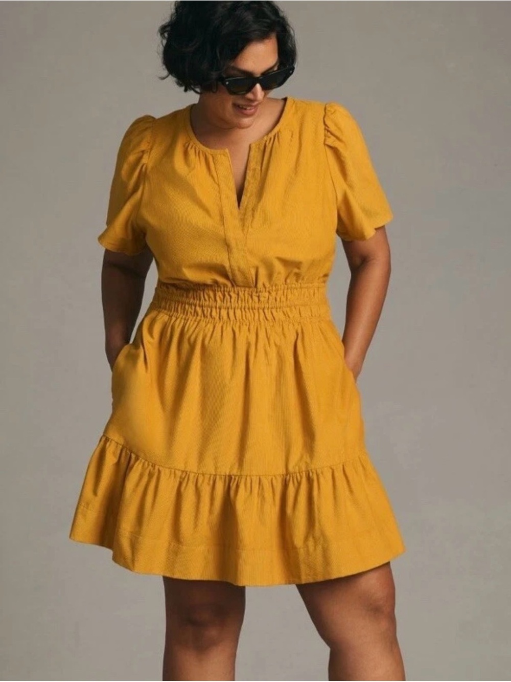 Anthropologie 2X Corduroy Yellow Goldenrod Somerset Mini Plus Dress EUC